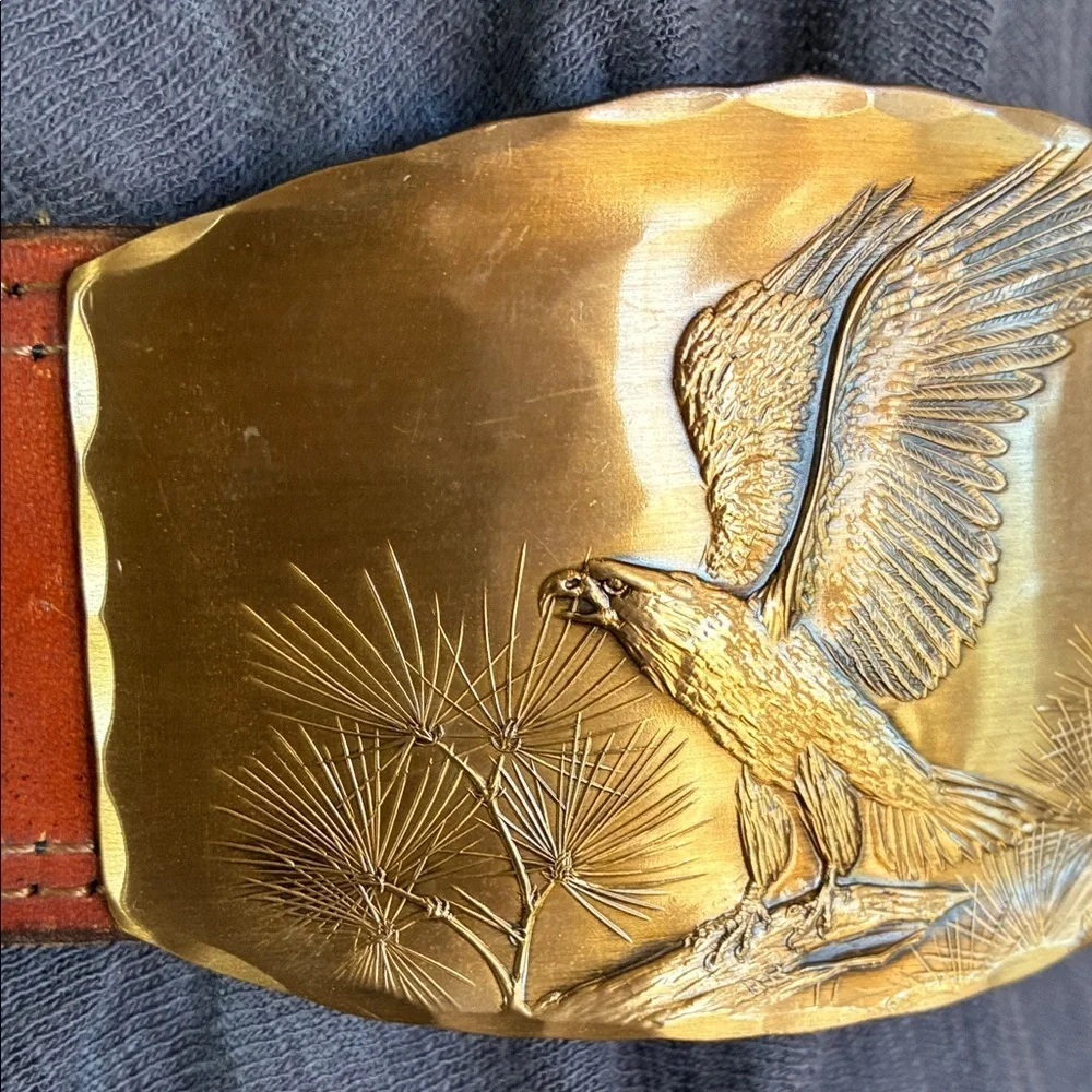 NATALE brass Eagle buckle on Leather Belt, XL VTG Exquisite artisan piece Unisex